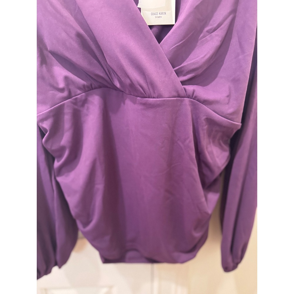 Grace Karin Womens Purple Ruched Surplice V-Neck Long Sleeve Blouse Top 2XL NWT - Picture 2 of 8